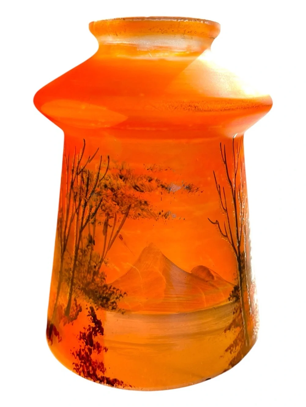 Carnival glass lamp shade from the early 1900’s, depicts a winter scene